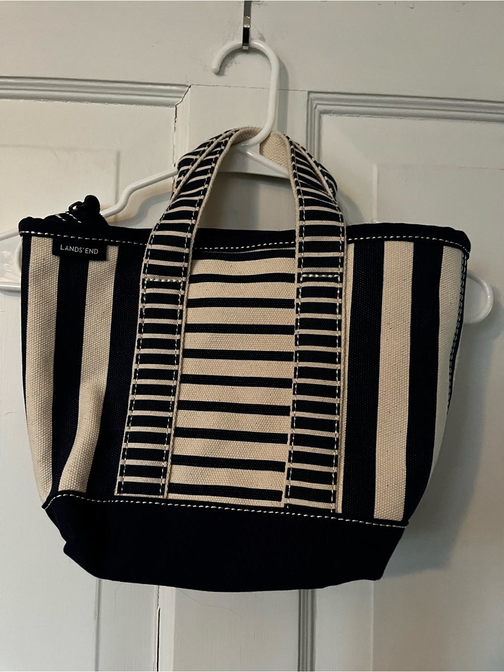 Lands End Small Striped 3 Pocket Zip Top Canvas Tote Bag